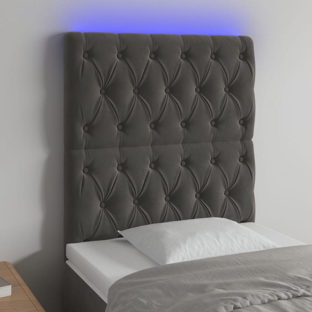 Vidaxl Čelo postele s LED tmavosivé 80x7x118/128 cm zamat